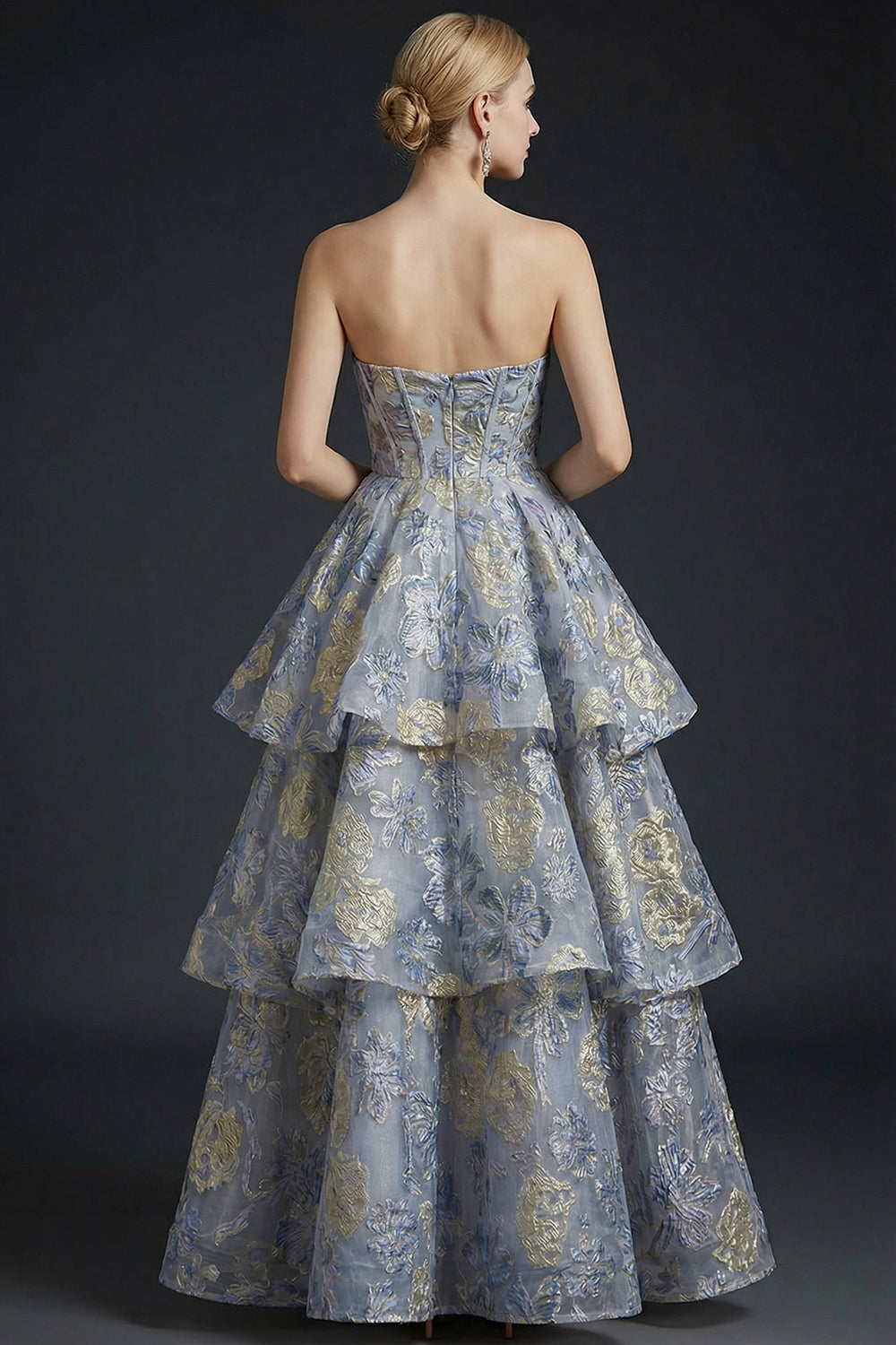 Ruffled Tiered Dusty Blue Floral Jacquard Corset Maxi Prom Dress