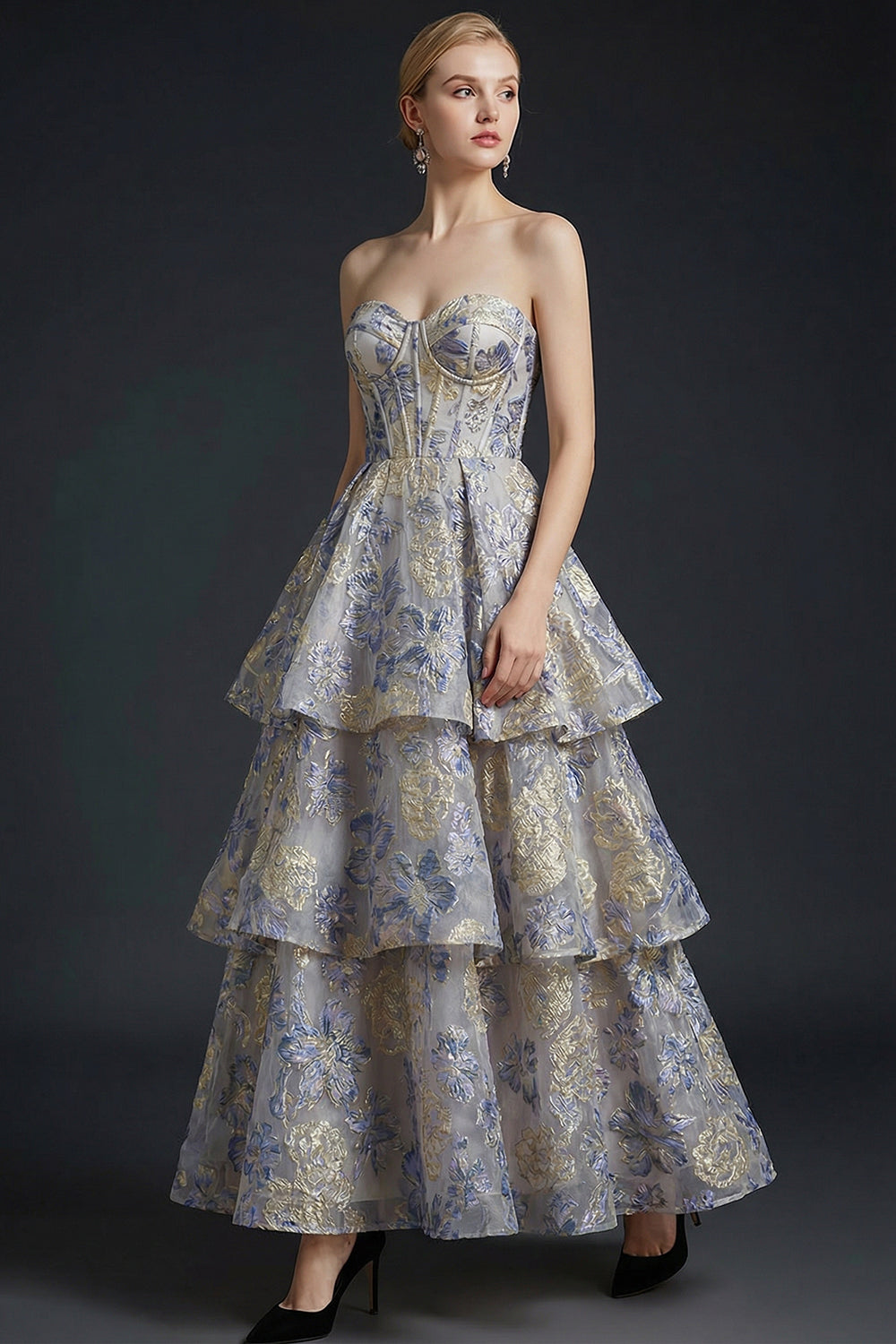 Ruffled Tiered Dusty Blue Floral Jacquard Corset Maxi Prom Dress