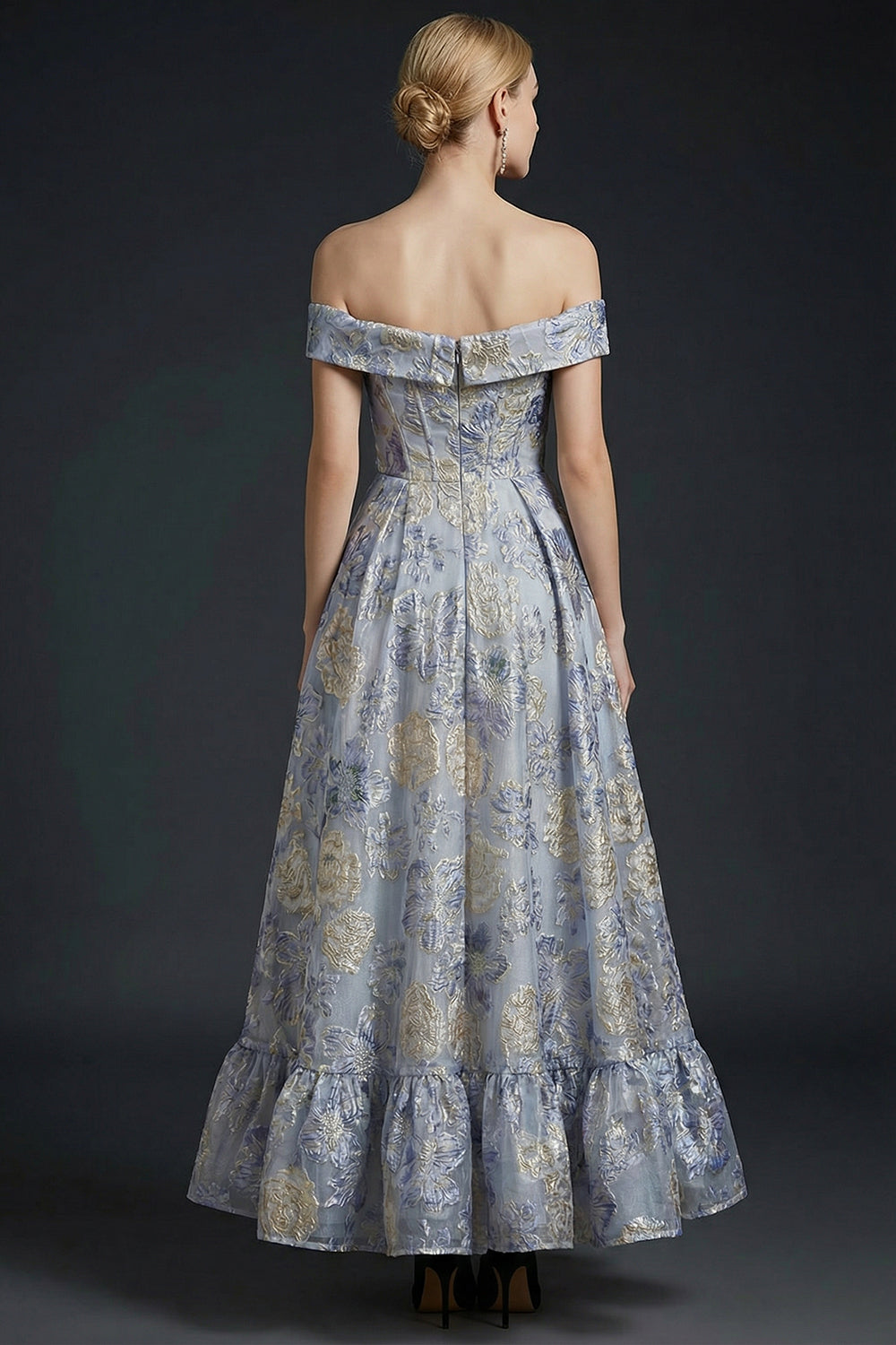 Dusty Blue Floral Jacquard Off the Shoulder Corset Maxi Prom Dress