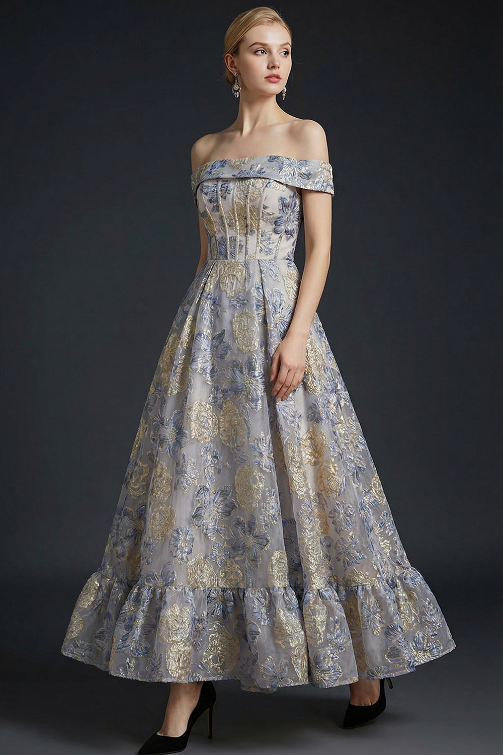 Dusty Blue Floral Jacquard Off the Shoulder Corset Maxi Prom Dress
