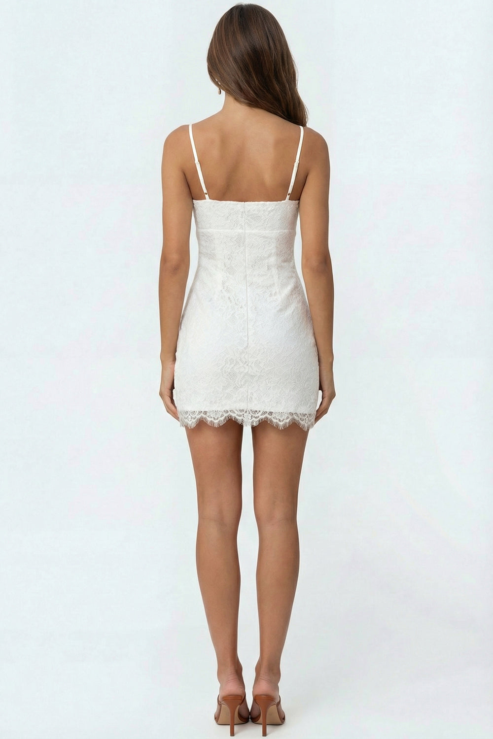 White Spaghetti Straps Lace Midi Bridal Shower Dress