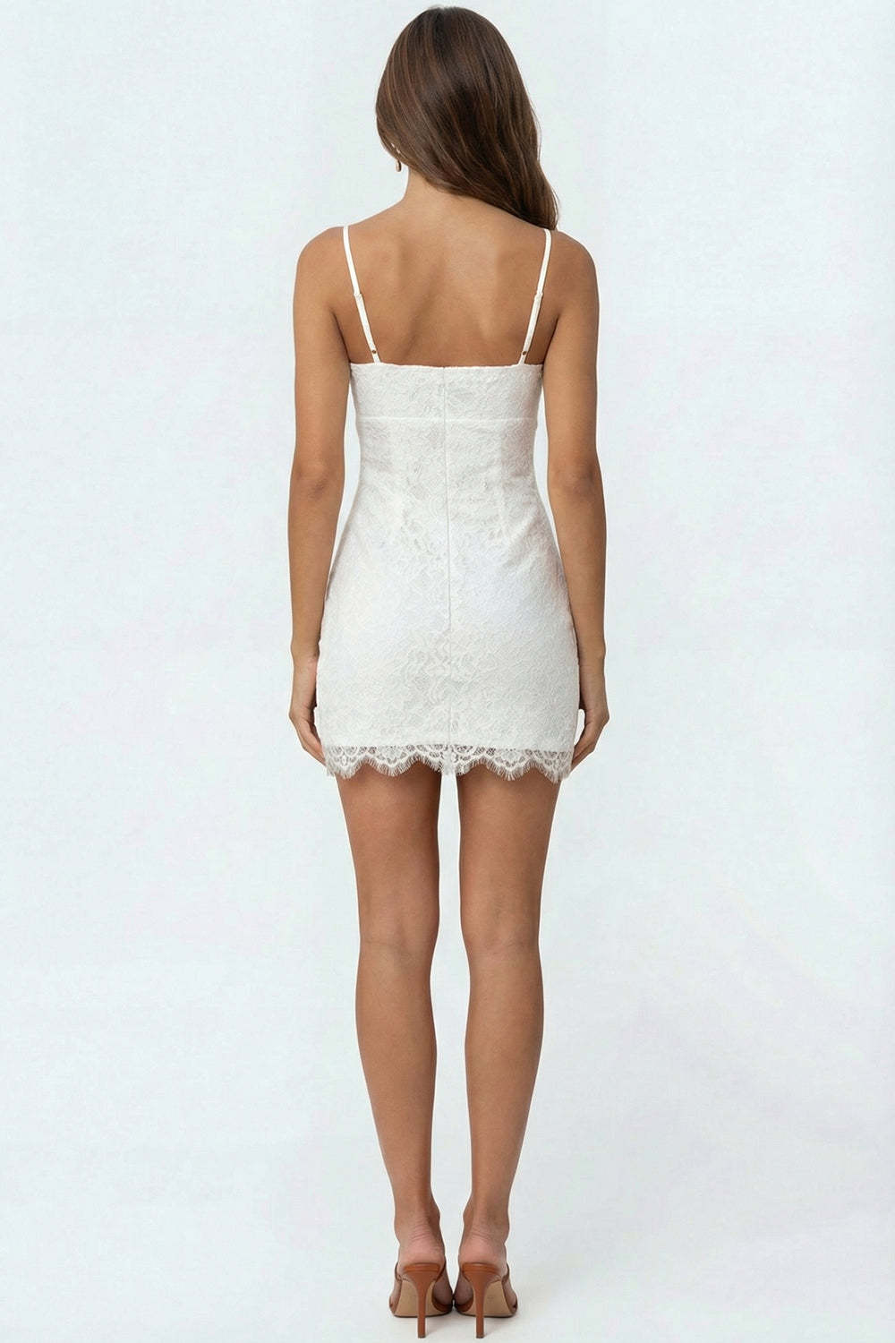 White Spaghetti Straps Lace Midi Bridal Shower Dress