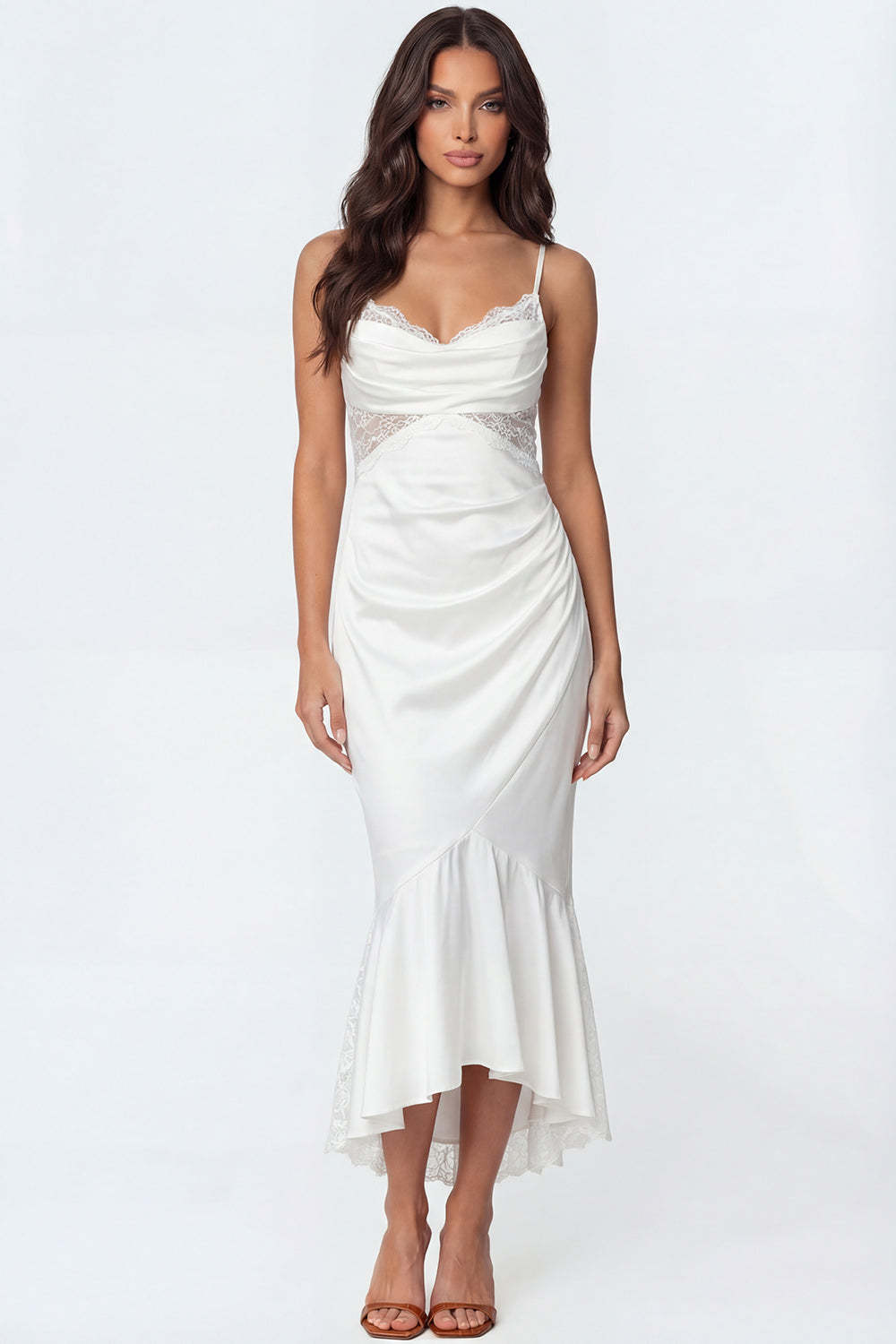 Leely Women White Mermaid Maxi Wedding Reception Dress with Lace Spaghetti Straps Ruched Backless Sleeveless Engagement Dress