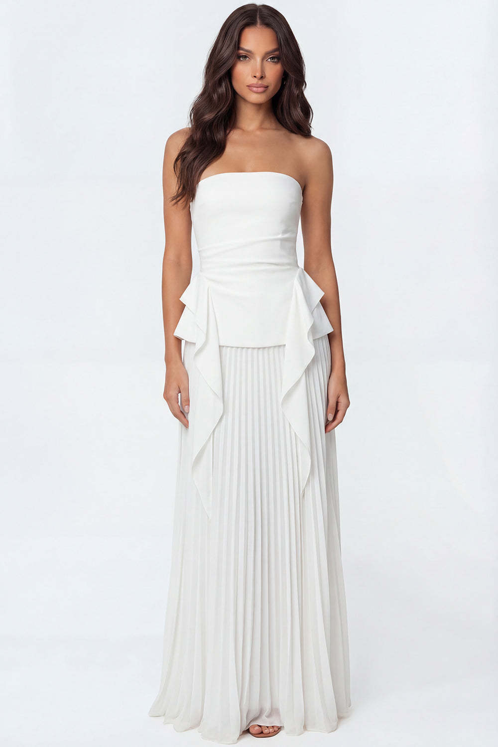Leely Women Ivory A Line Ruffled Long Engagement Dress Strapless Pleated Backless Sleeveless Rehearsal Dinner Dress