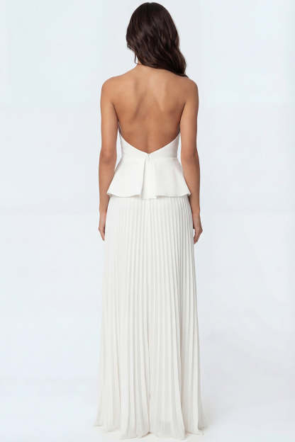 Ivory A Line Ruffled Pleated Strapless Long Engagement Dress