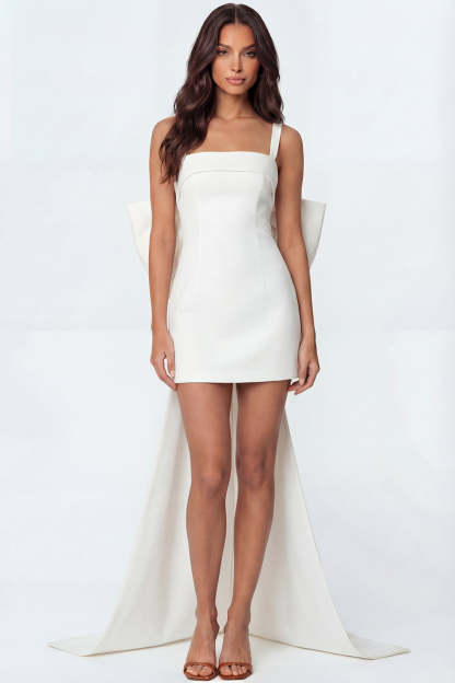 Leely Women Ivory Bodycon Sleeveless Mini Engagement Dress with Bow Thick Straps Backless Bridal Shower Dress