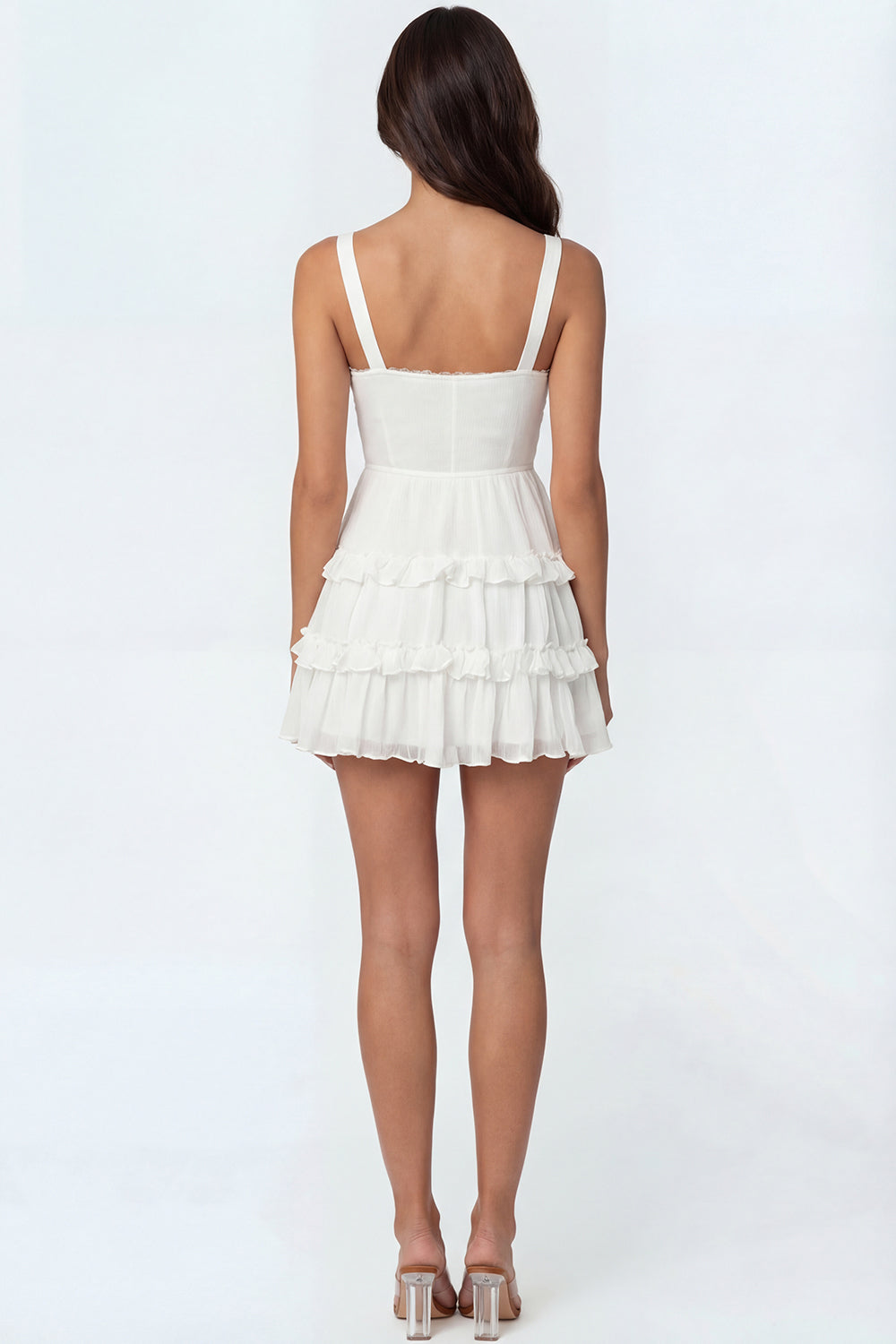 Ivory A Line Tiered Thick Straps Backless Mini Bridal Shower Dress