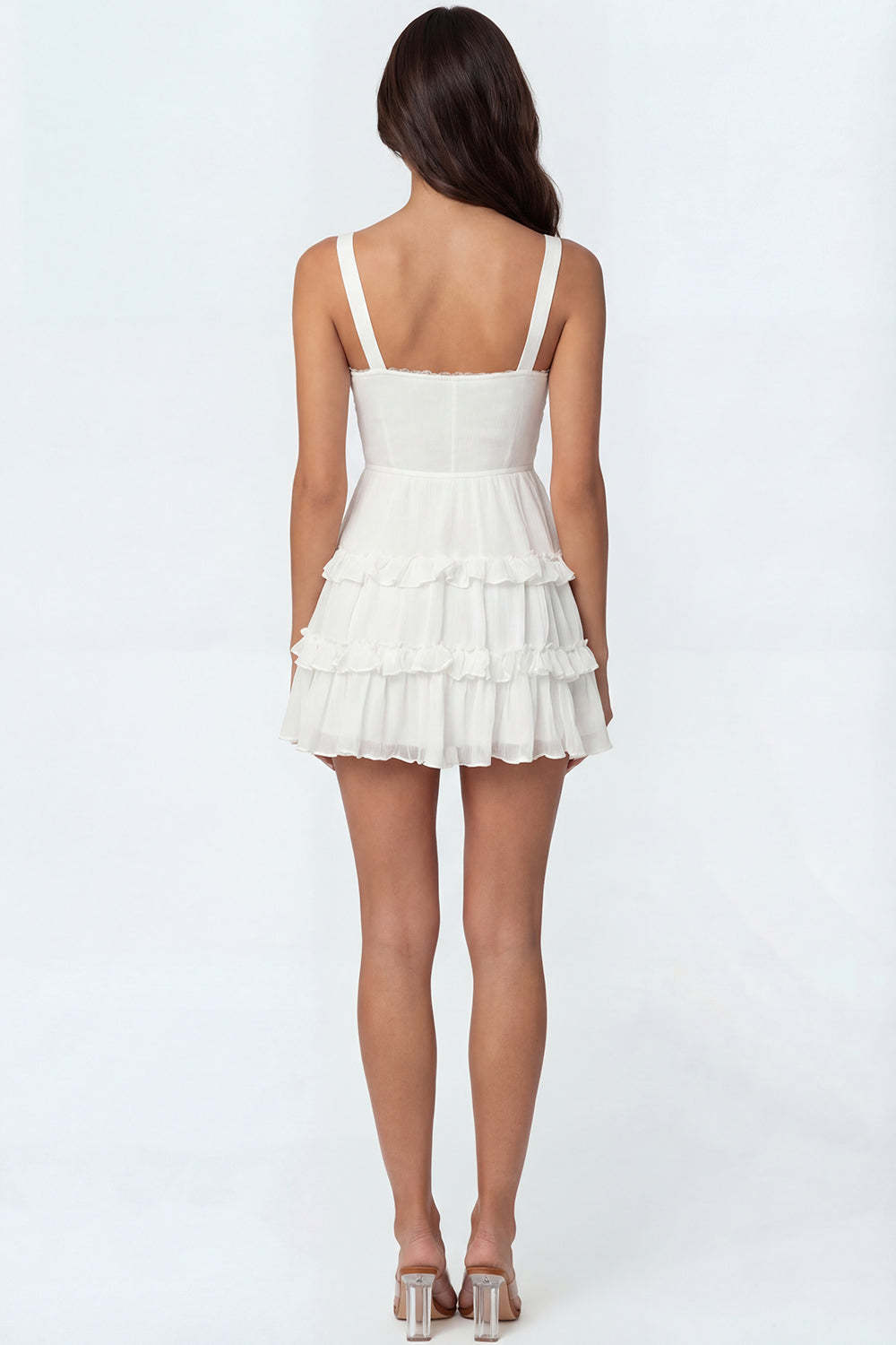 Ivory A Line Tiered Thick Straps Backless Mini Bridal Shower Dress