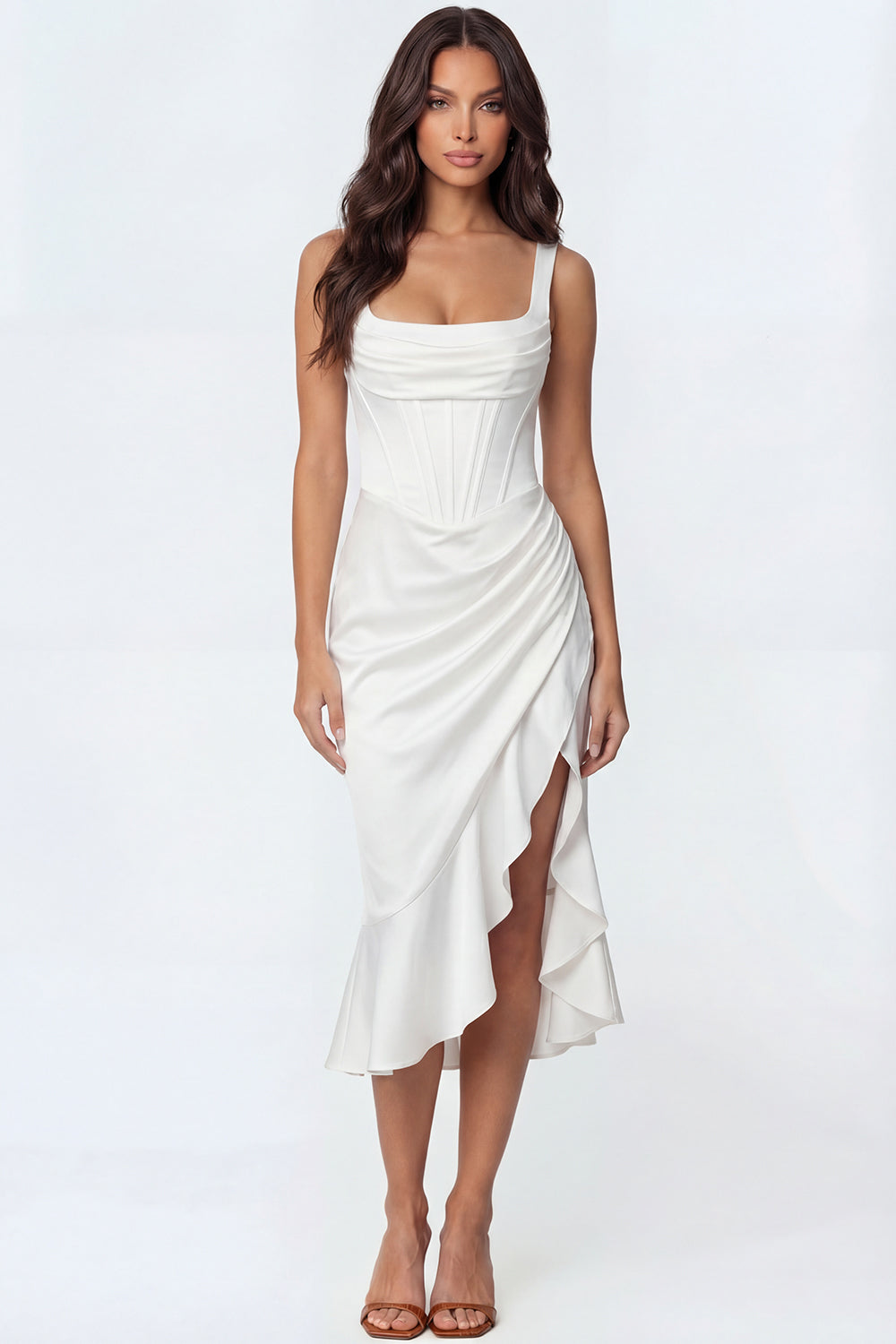 Leely Women Ivory Mermaid Corset Ruffled Long Engagement Dress with Slit Thick Straps Ruched Backless Rehearsal Dinner Dress