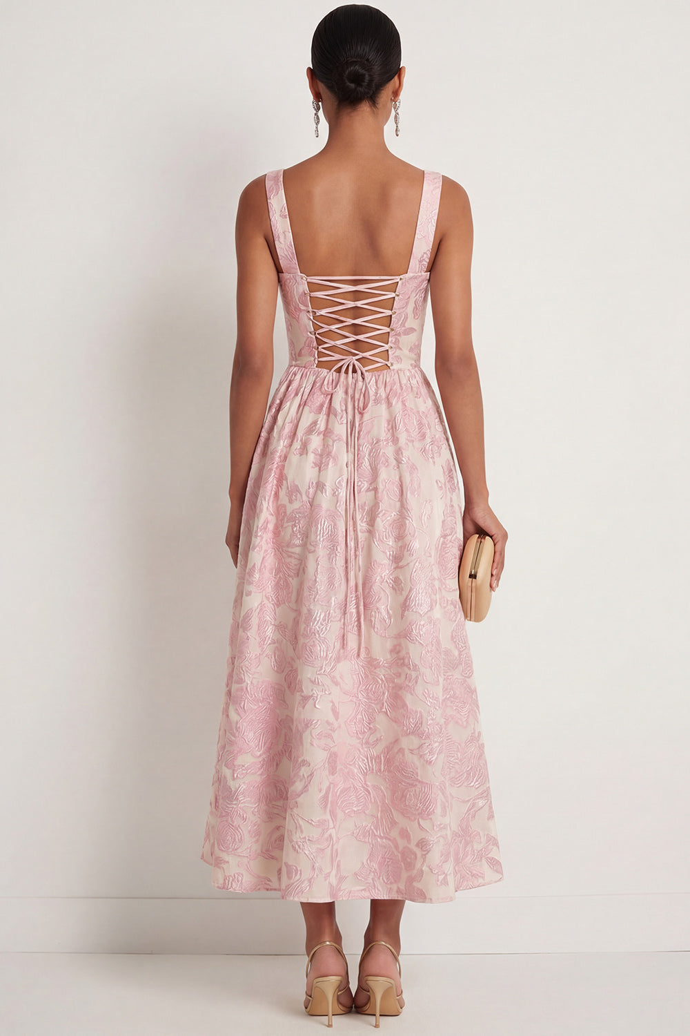 Pink Floral Jacquard Thick Straps A Line Maxi Wedding Guest Dress
