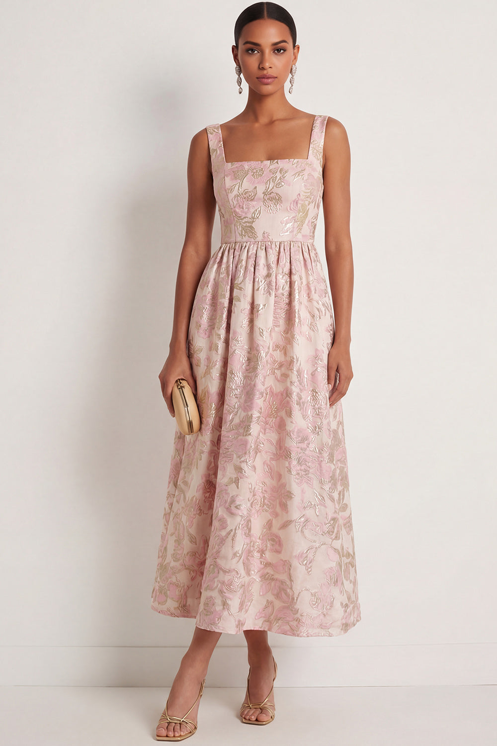 Leely Women Pink Floral Jacquard A Line Maxi Wedding Guest Dress Backless Sleeveless Thick Straps Formal Dress