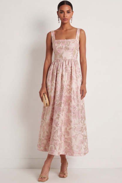Leely Women Pink Floral Jacquard A Line Maxi Wedding Guest Dress Backless Sleeveless Thick Straps Formal Dress