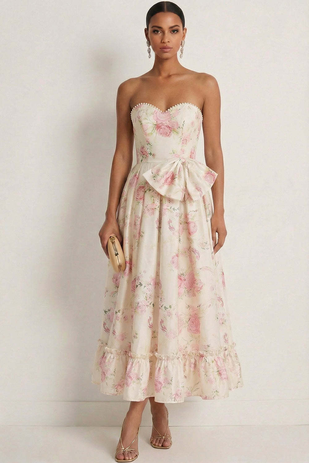 Leely Women White Pink Floral A Line Long Wedding Guest Dress with Bow Sweetheart Backless Sleeveless Prom Dress