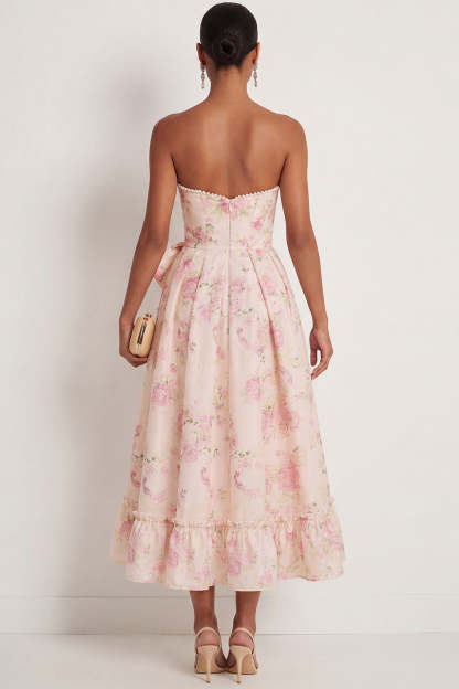 White Pink Floral A Line Sweetheart Long Wedding Guest Dress with Bow