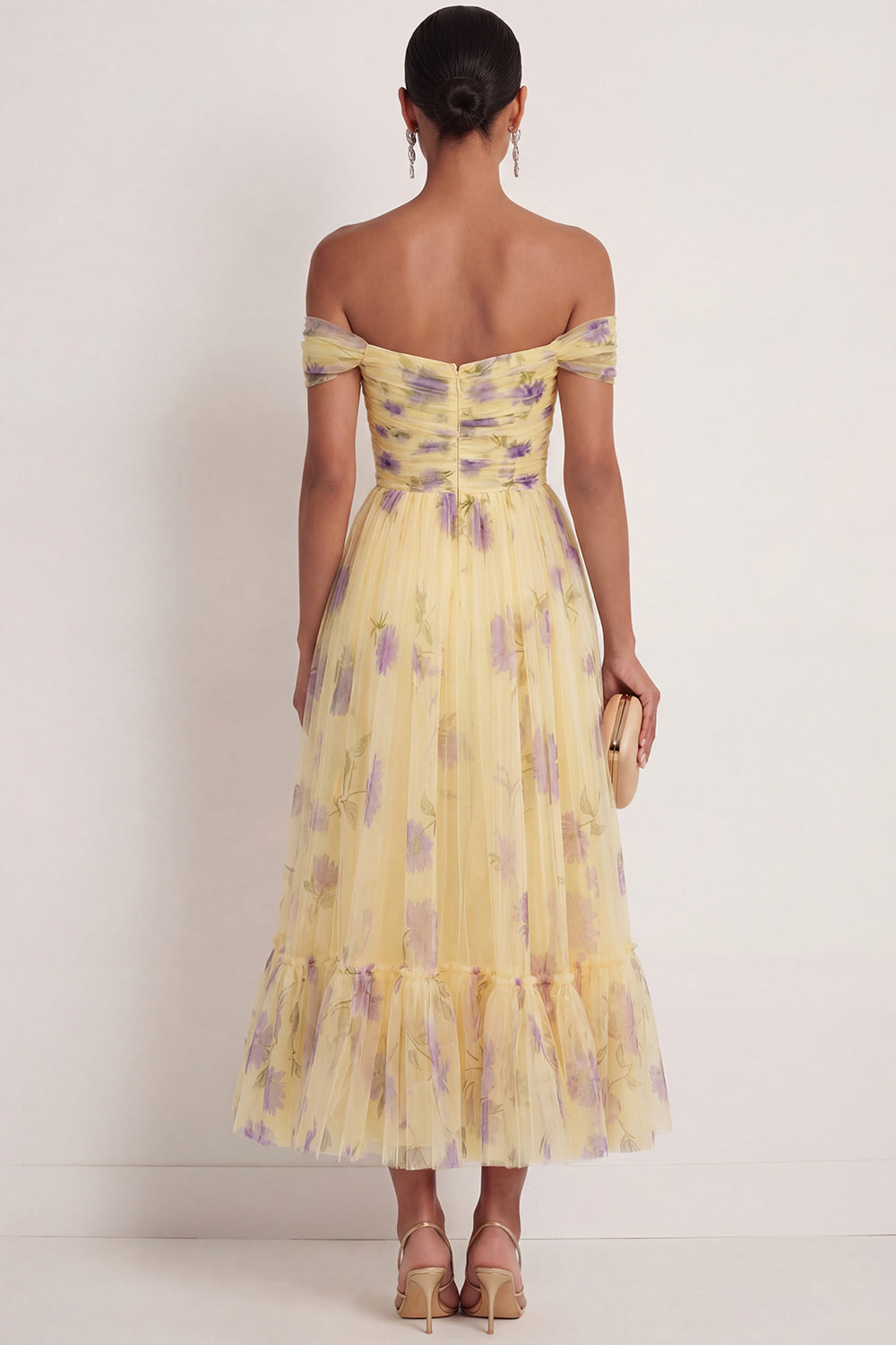 Yellow Floral A Line Off the Shoulder Pleated Long Wedding Guest Dress