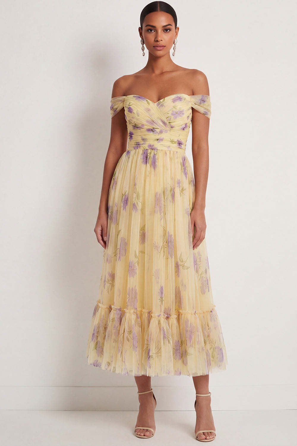 Leely Women Yellow Floral A Line Pleated Long Wedding Guest Dress Off the Shoulder Backless Sleeveless Formal Dress