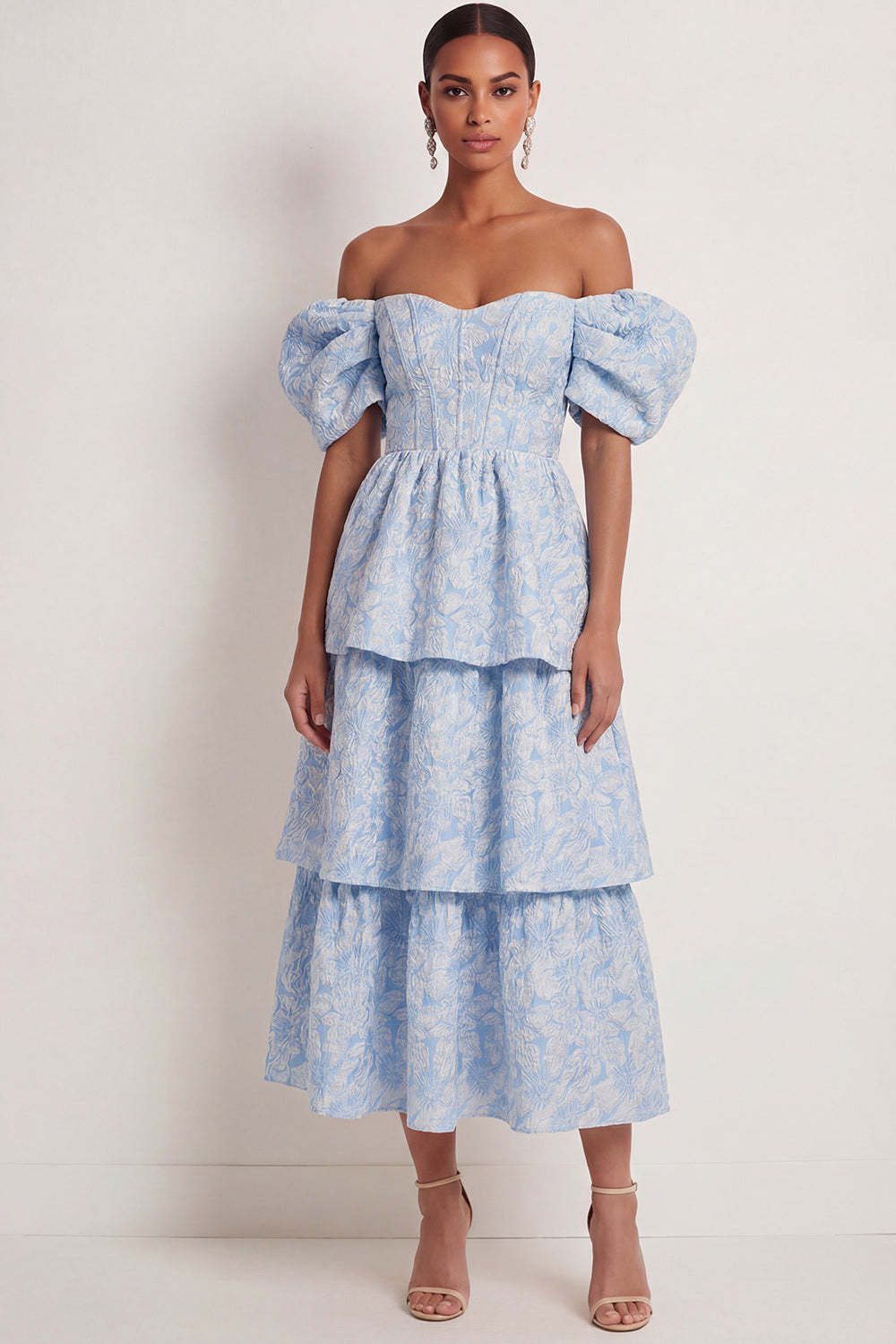 Leely Women Blue Floral Corset A Line Long Wedding Guest Dress Ruffled Tiered Backless Prom Dress