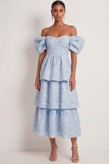 Leely Women Blue Floral Corset A Line Long Wedding Guest Dress Ruffled Tiered Backless Prom Dress