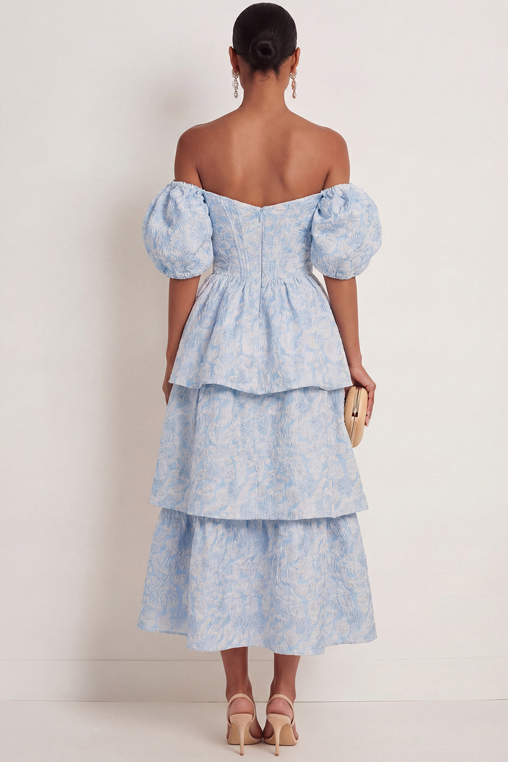 Blue Floral Corset A Line Ruffled Tiered Long Wedding Guest Dress
