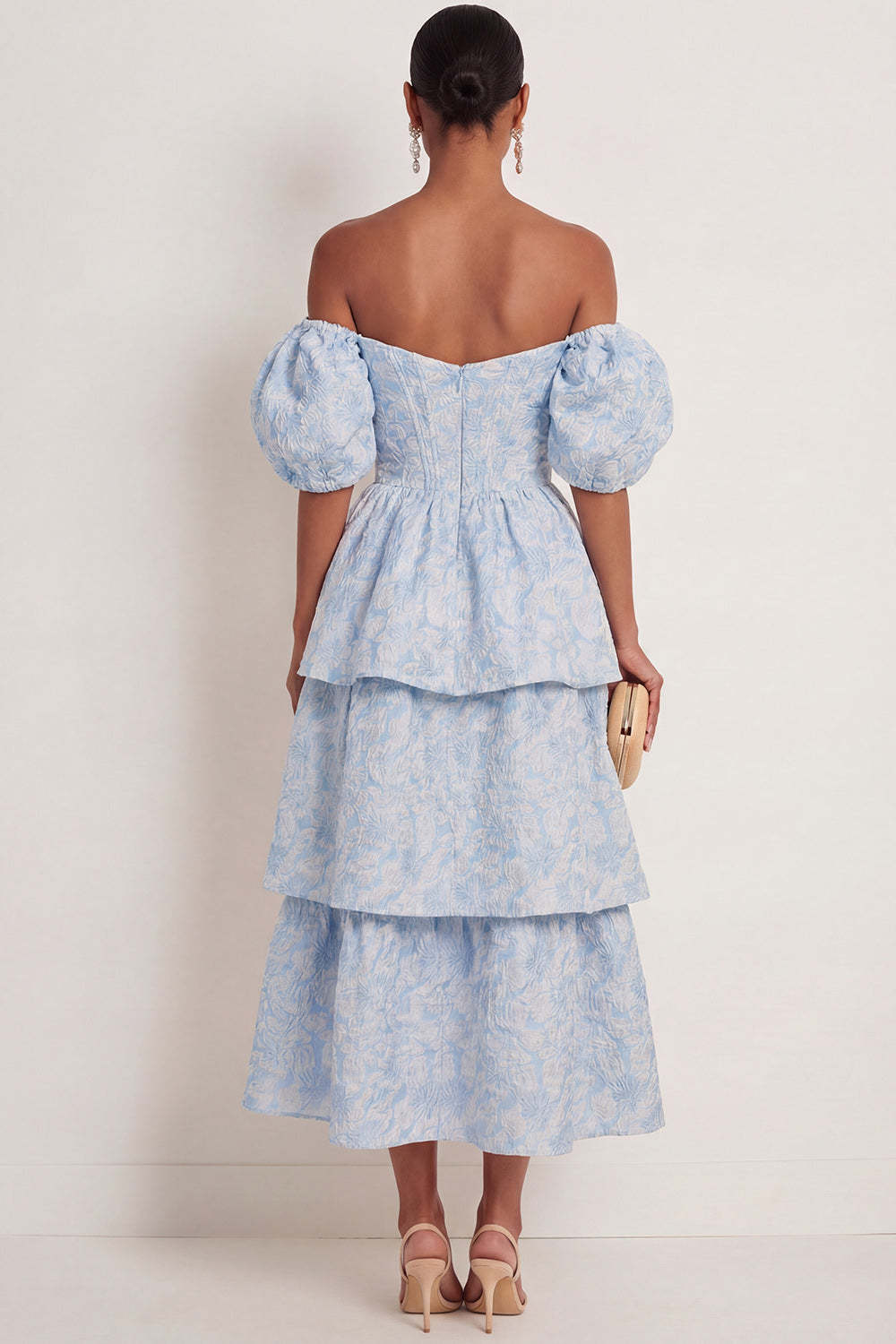 Blue Floral Corset A Line Ruffled Tiered Long Wedding Guest Dress