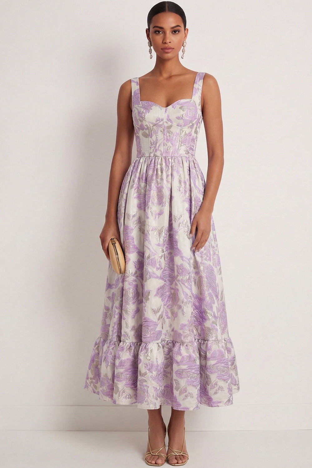 Purple Jacquard Floral Thick Straps Corset A Line Long Wedding Guest Dress