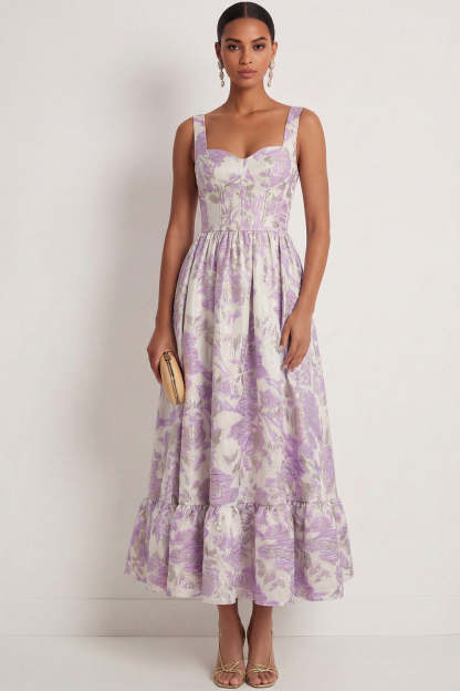 Leely Women Purple Floral Corset A Line Long Wedding Guest Dress Jacquard Thick Straps Backless Prom Dress