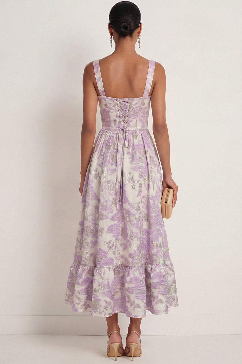 Purple Jacquard Floral Thick Straps Corset A Line Long Wedding Guest Dress