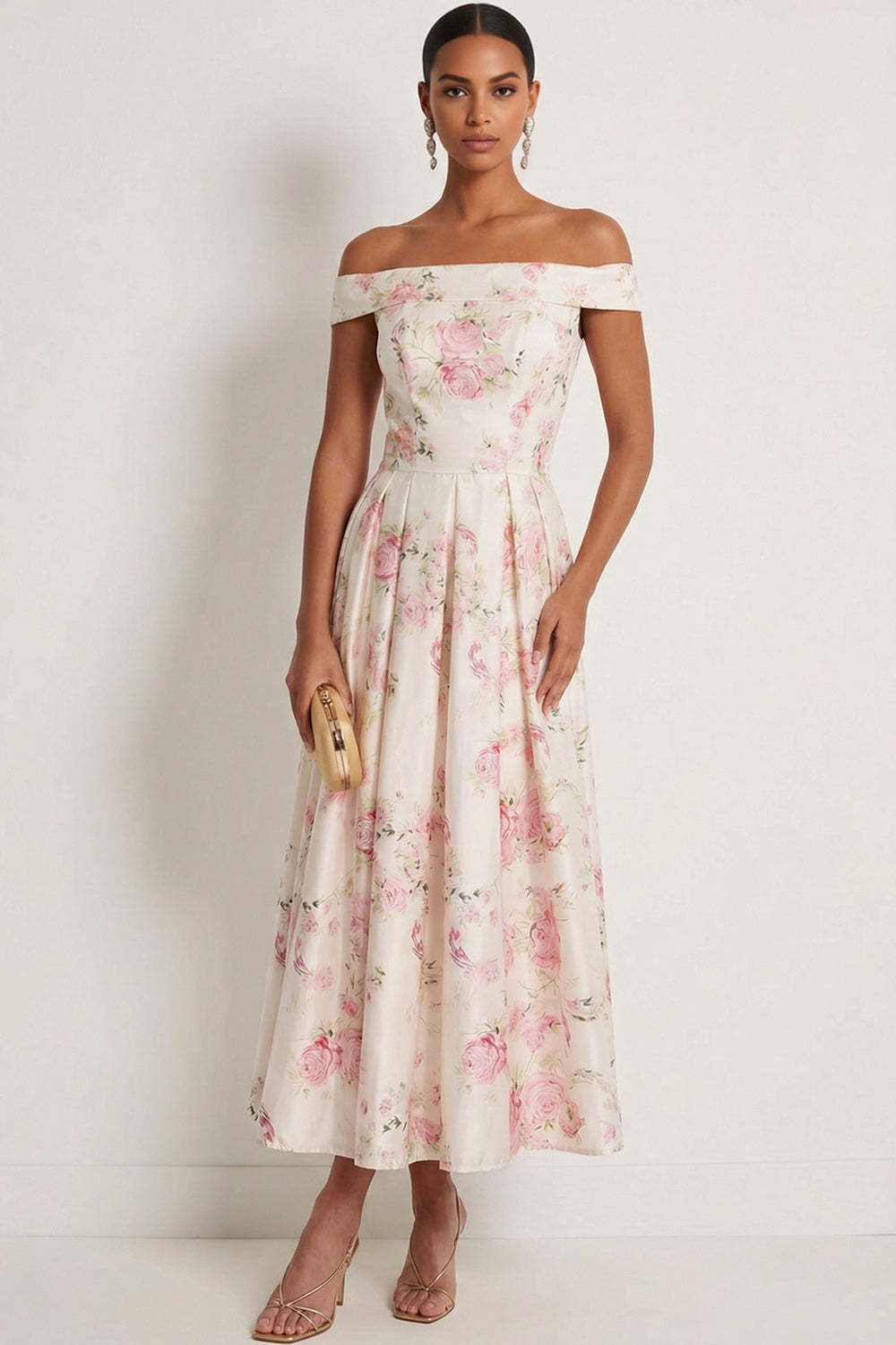 Leely Women White Pink Floral A Line Maxi Wedding Guest Dress Off the Shoulder Backless Sleeveless Formal Dress