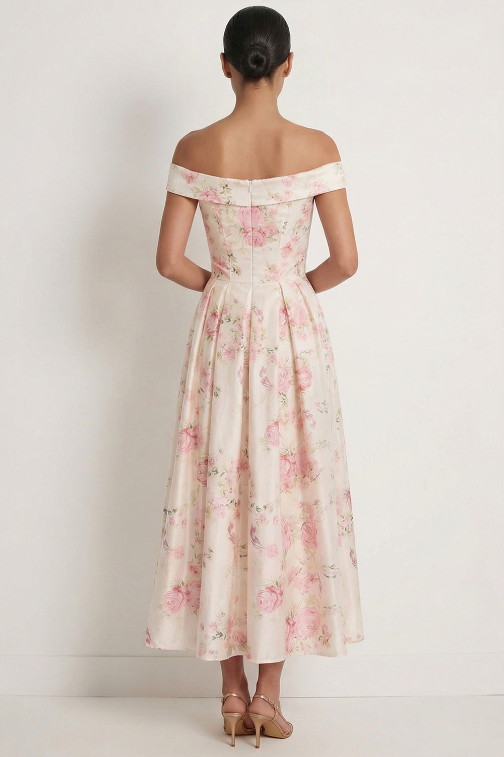 White Pink Floral A Line Off the Shoulder Maxi Wedding Guest Dress
