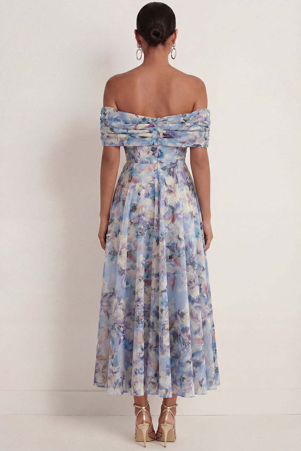 Blue Floral A Line Draped Off the Shoulder Pleated Long Wedding Guest Dress