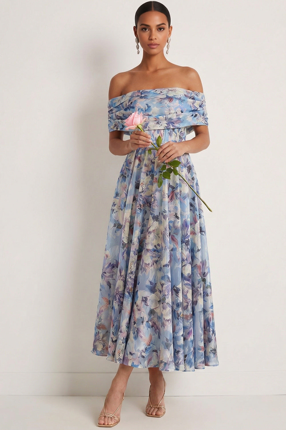 Blue Floral A Line Draped Off the Shoulder Pleated Long Wedding Guest Dress