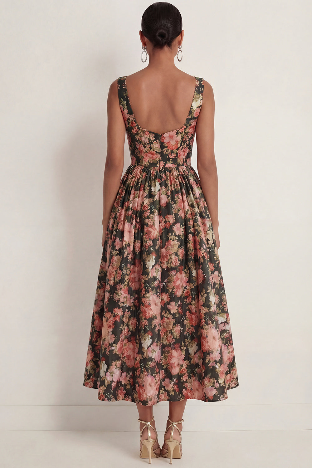 Black Pink Floral A Line Thick Straps Long Wedding Guest Dress
