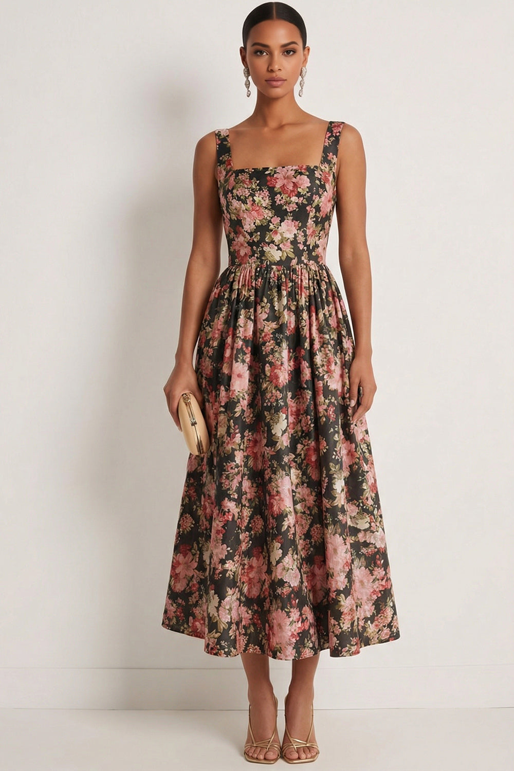 Black Pink Floral A Line Thick Straps Long Wedding Guest Dress