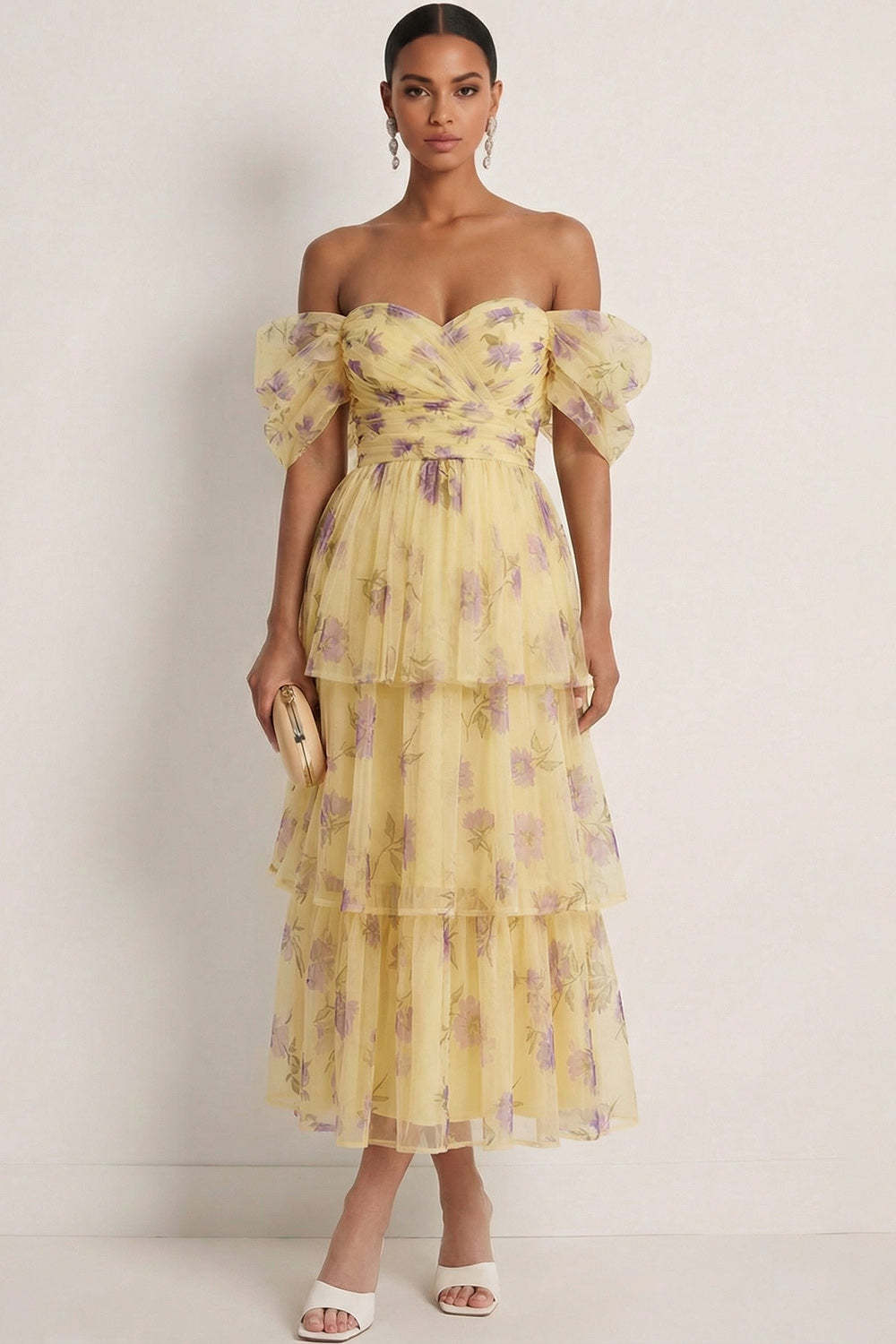 Leely Women Yellow Floral A Line Tiered Long Wedding Guest Dress A Line Off the Shoulder Backless Prom Dress