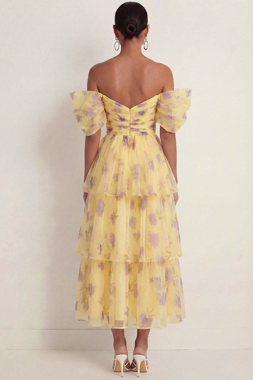 Yellow Floral A Line Off the Shoulder A Line Tiered Long Wedding Guest Dress