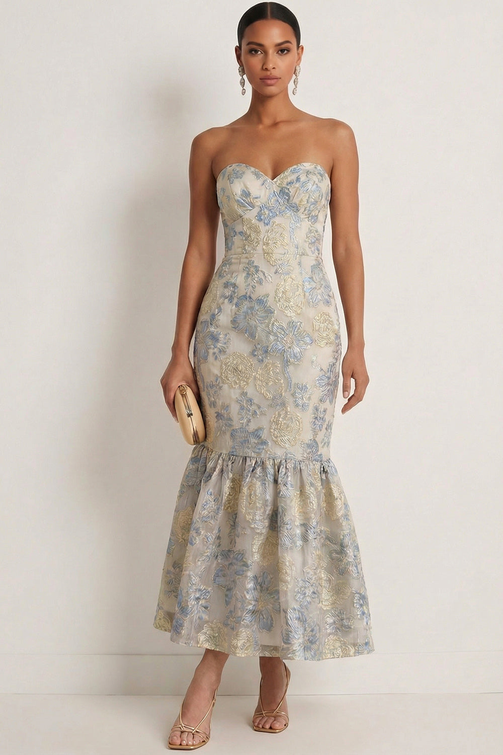 Dusty Blue Floral Jacquard Mermaid Sweetheart Long Wedding Guest Dress