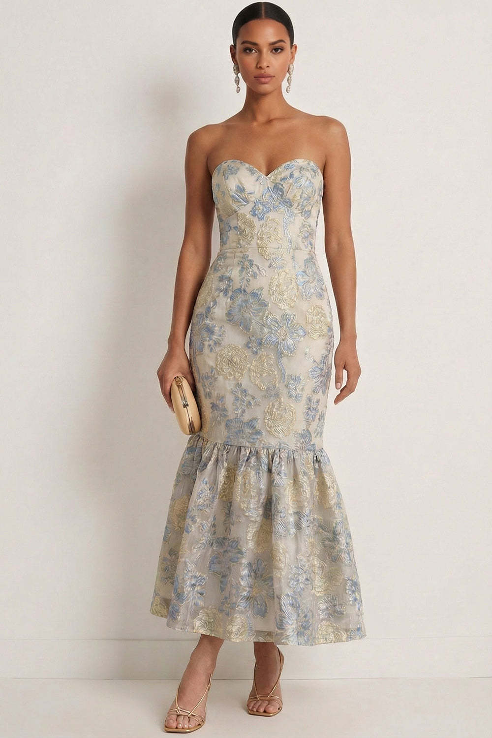 Leely Women Dusty Blue Floral Sweetheart Long Wedding Guest Dress Jacquard Mermaid Backless Sleeveless Formal Dress