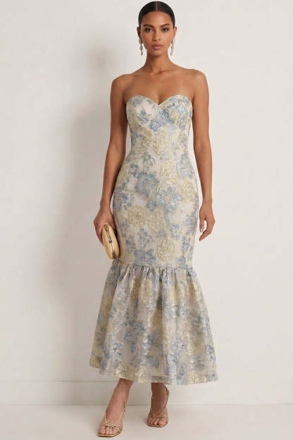 Leely Women Dusty Blue Floral Sweetheart Long Wedding Guest Dress Jacquard Mermaid Backless Sleeveless Formal Dress