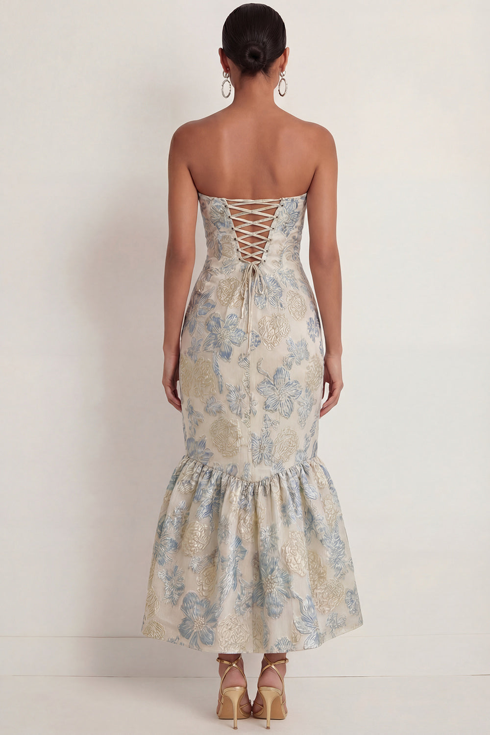 Dusty Blue Floral Jacquard Mermaid Sweetheart Long Wedding Guest Dress