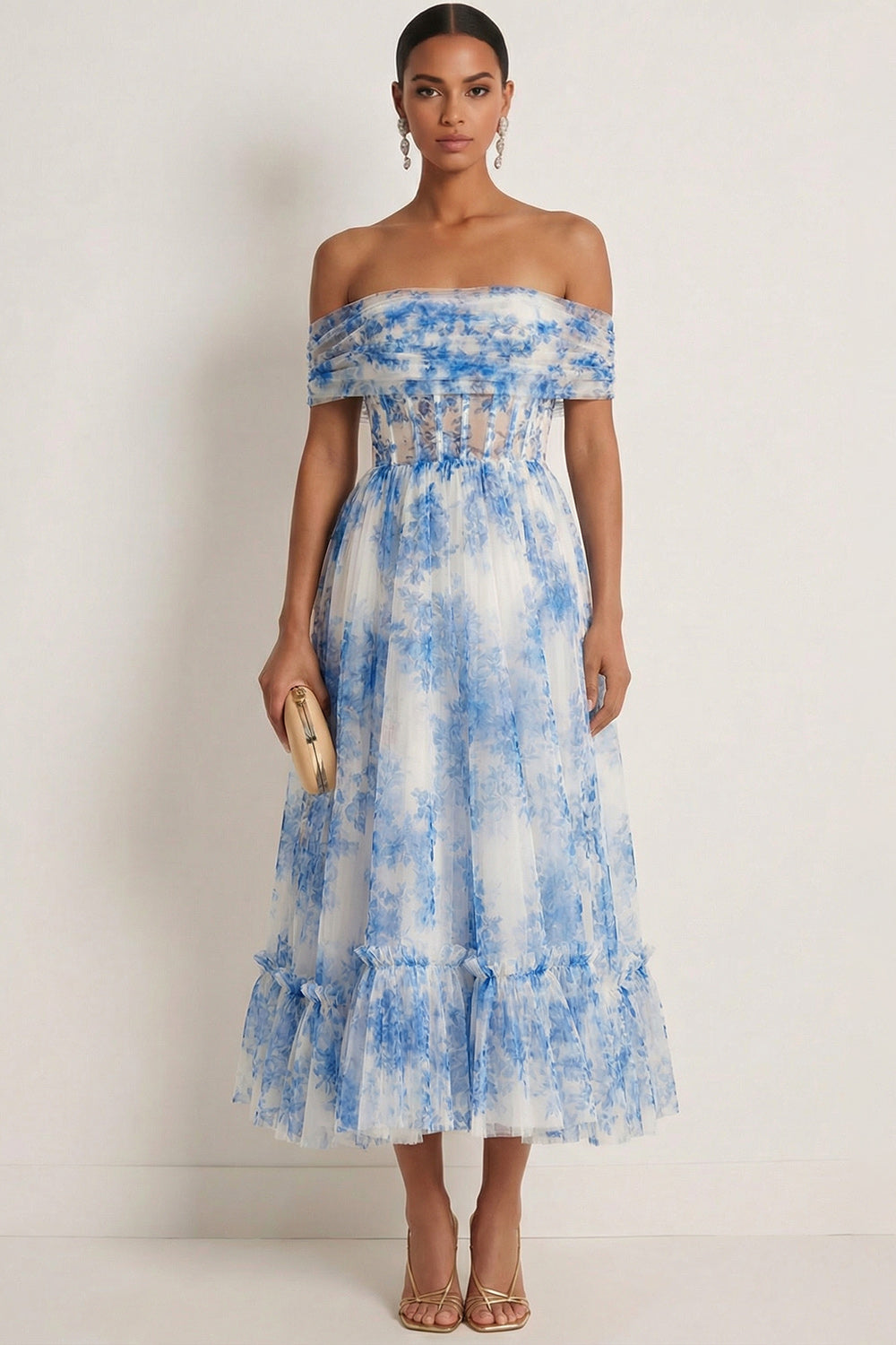 White Blue A Line Corset Off the Shoulder Maxi Wedding Guest Dress