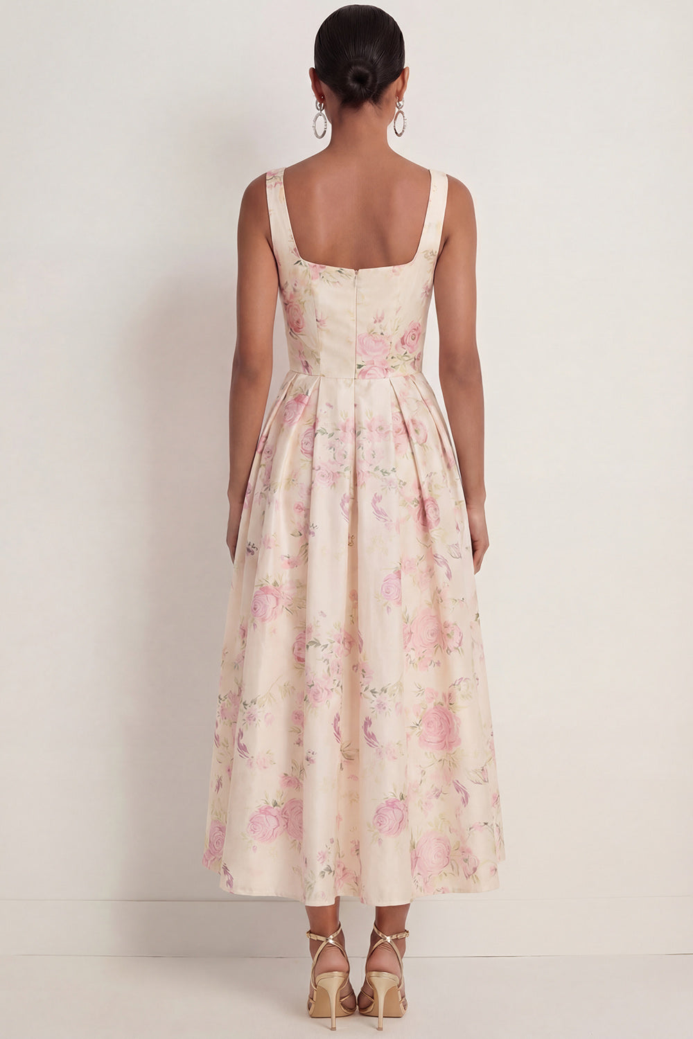 White Pink Floral A Line Thick Straps Backless Wedding Guest Dress with Bow