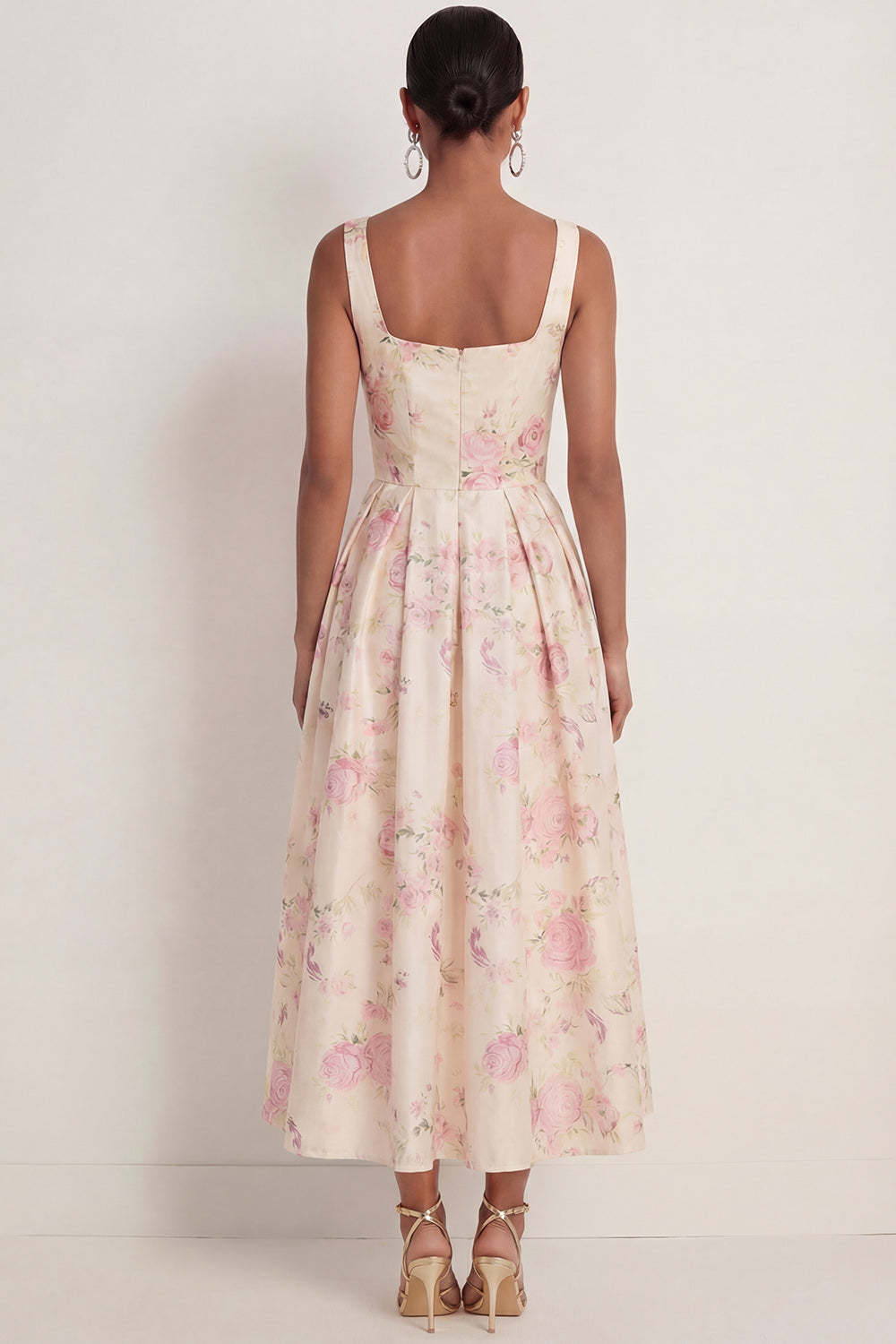 White Pink Floral A Line Thick Straps Backless Wedding Guest Dress with Bow