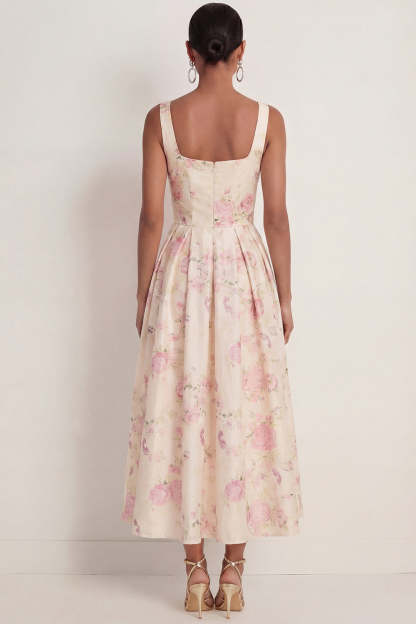 White Pink Floral A Line Thick Straps Backless Wedding Guest Dress with Bow