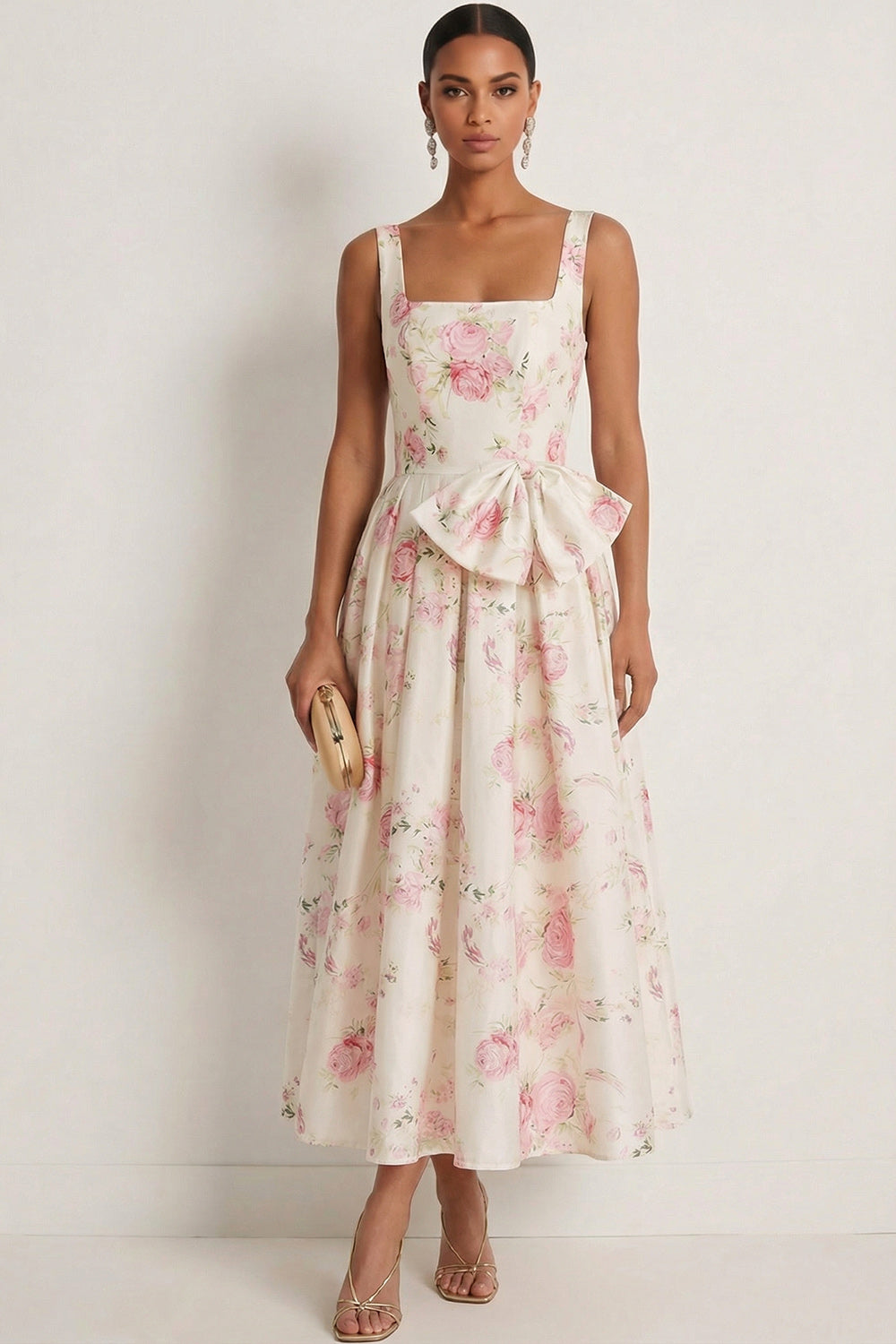 White Pink Floral A Line Thick Straps Backless Wedding Guest Dress with Bow