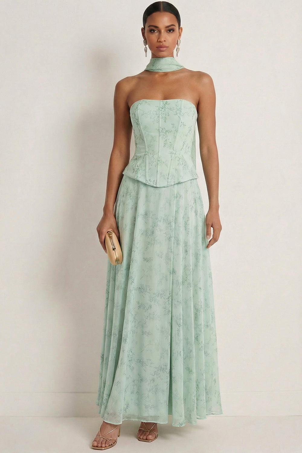 Dusty Sage Floral Corset A Line Strapless Long Wedding Guest Dress