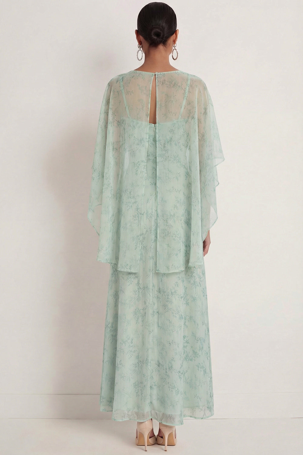 Dusty Sage Floral Spaghetti Straps Long Wedding Guest Dress with Cape