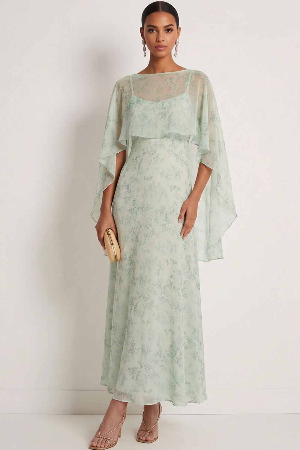 Leely Women Dusty Sage Floral Long Wedding Guest Dress with Cape Spaghetti Straps Mermaid Formal Dress