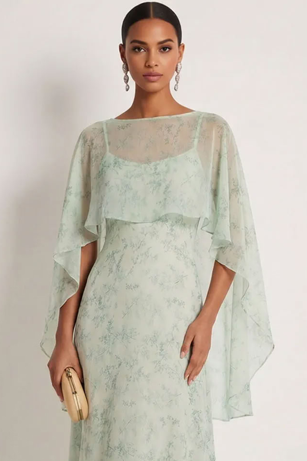 Dusty Sage Floral Spaghetti Straps Long Wedding Guest Dress with Cape