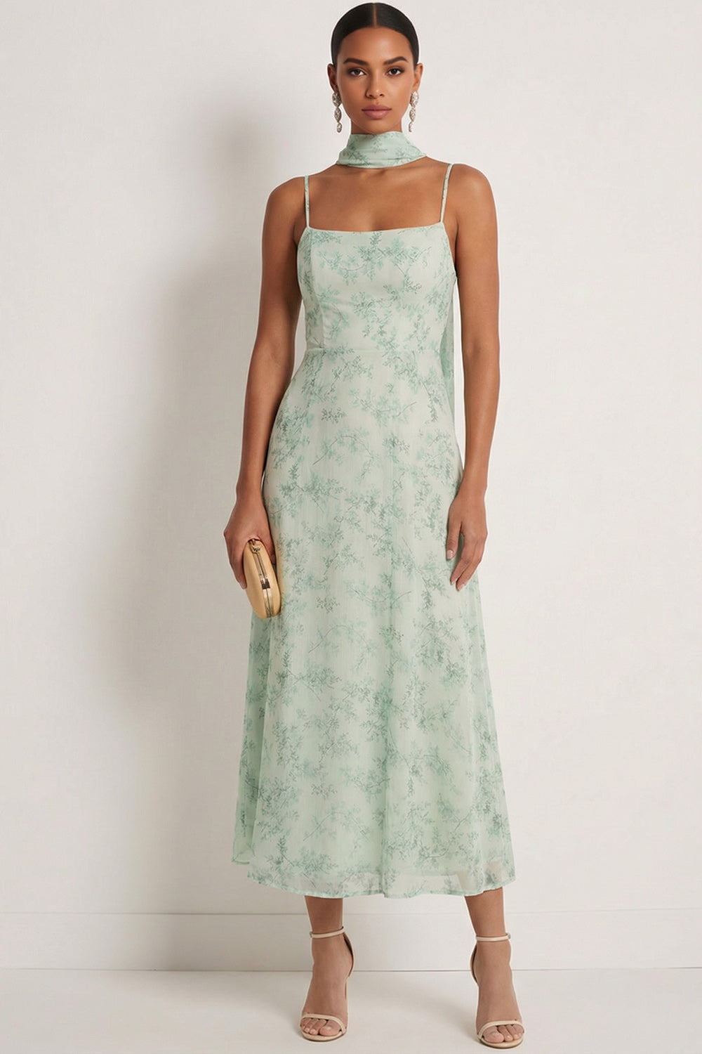 Leely Women Dusty Sage Floral Long Wedding Guest Dress with Neck Scarf Spaghetti Straps Mermaid Formal Dress