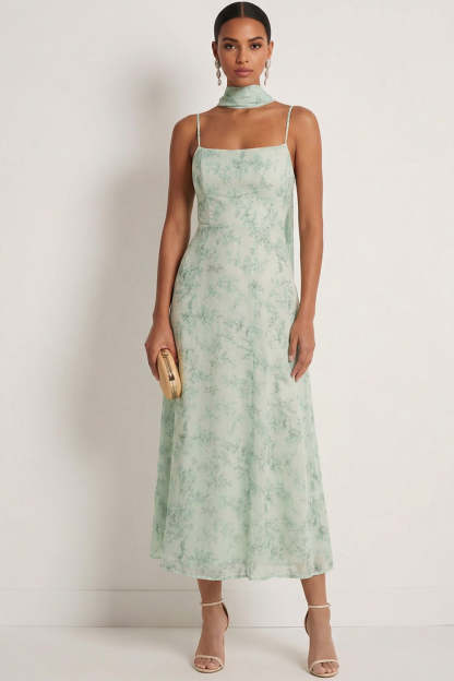 Leely Women Dusty Sage Floral Long Wedding Guest Dress with Neck Scarf Spaghetti Straps Mermaid Formal Dress